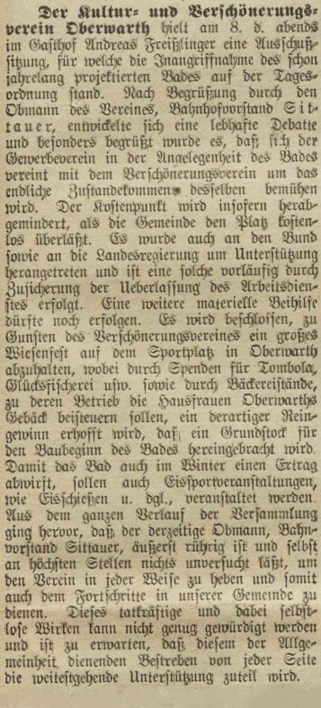 Oberwarther - Sonntagszeitung vom 17. Juni 1934: Ausschusssitzung des Kultur- und Verschönerungsvereins zum Bau eines neuen Schwimmbads / Freibads