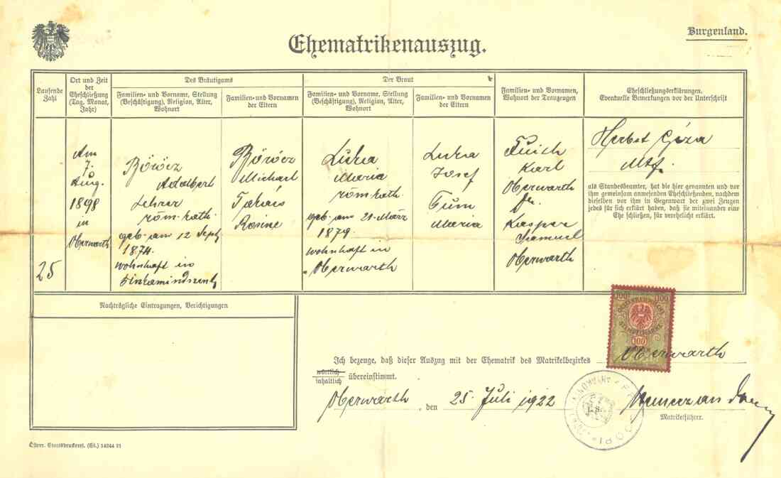 Ehematrikenauszug zur Heirat von Adalbert Böröcz (*1874/+1948) und "Maria" Irma Luka (*1879/+1968)