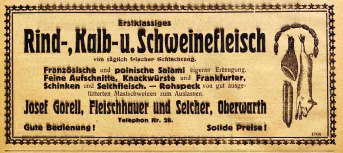 Anzeige von Fleischhauer und Selcher Josef Gorell (Evang. Kirchengasse 12) in der Oberwarther Sonntags-Zeitung vom 19. Dezember 1926