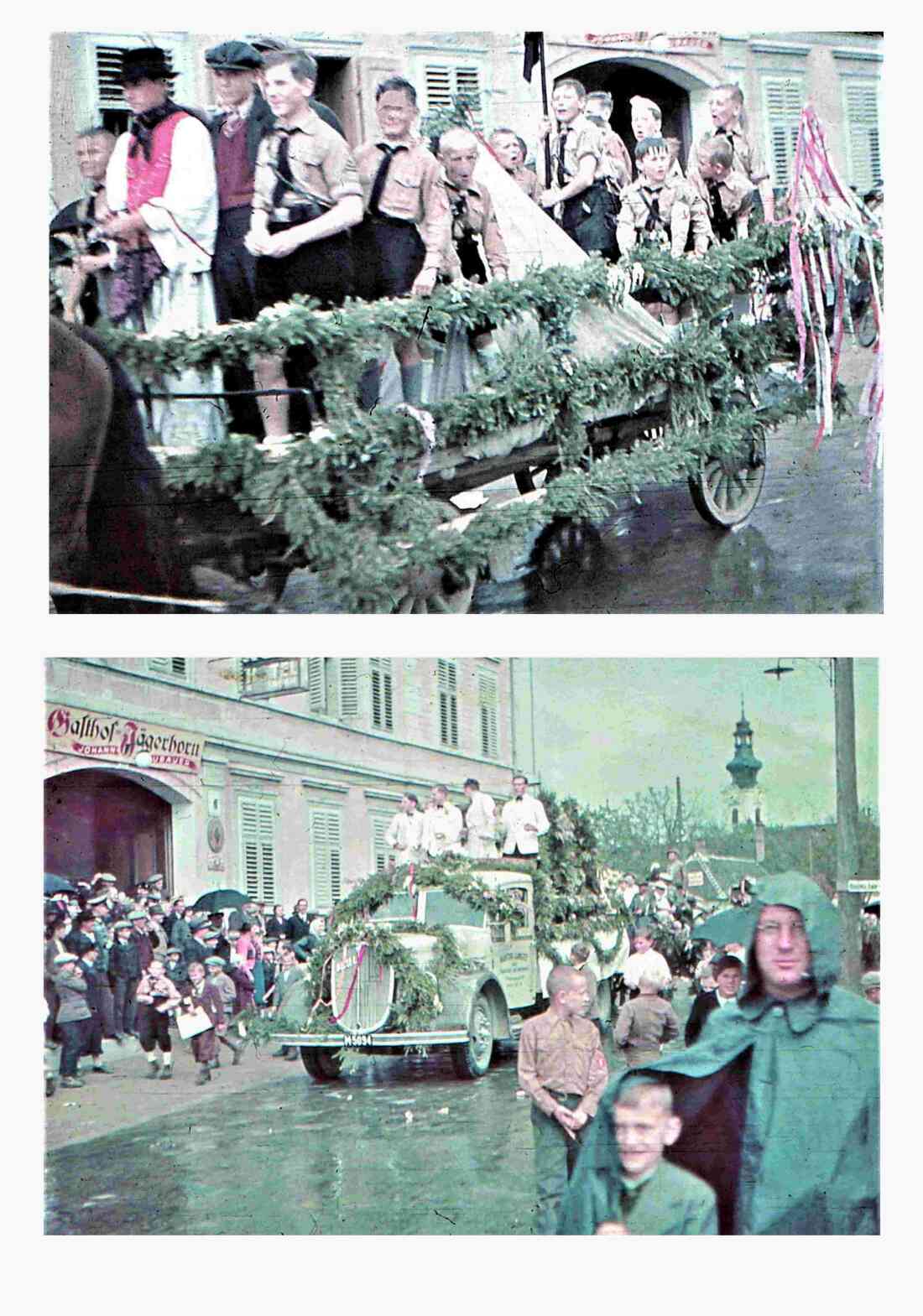 Festzug während der NAZI-Zeit am 1. Mai 1939: Wagen der HJ und der Oberwarter Gastronomie vor dem Gasthof Neubauer "Zum Jägerhorn" - Hauptplatz 11