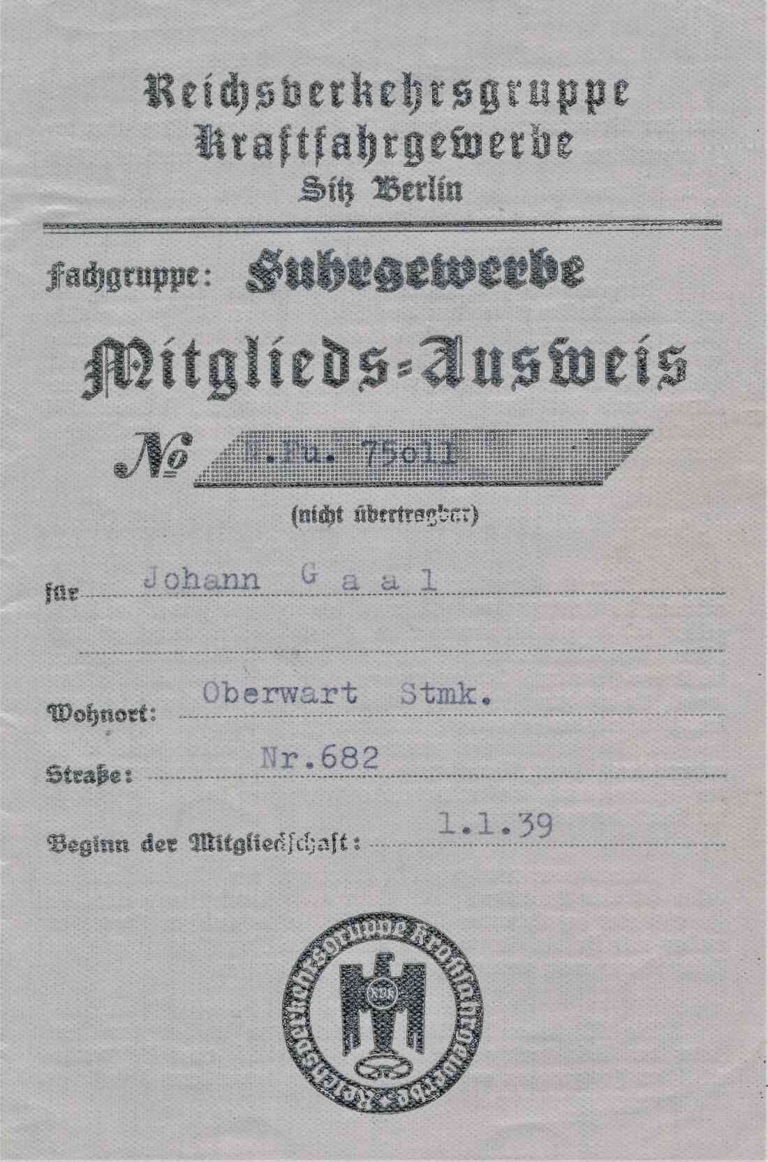 Mitgliedsausweis Johann Gaal: Reichsverkehrsgruppe Kraftfahrgewerb