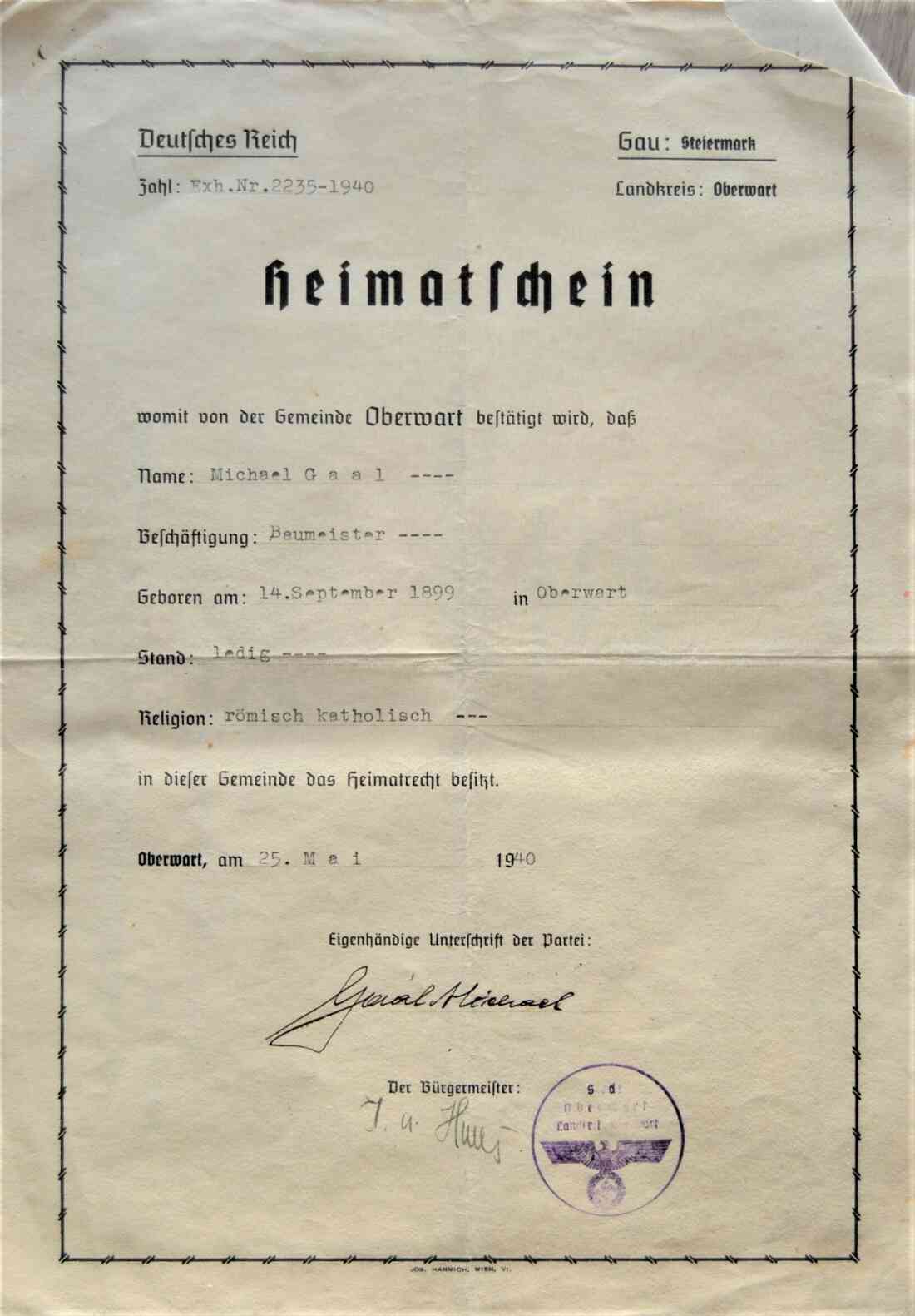 Heimatschein von Hrn. Michael Gaál jun. - Baumeister (*1899/+1960)