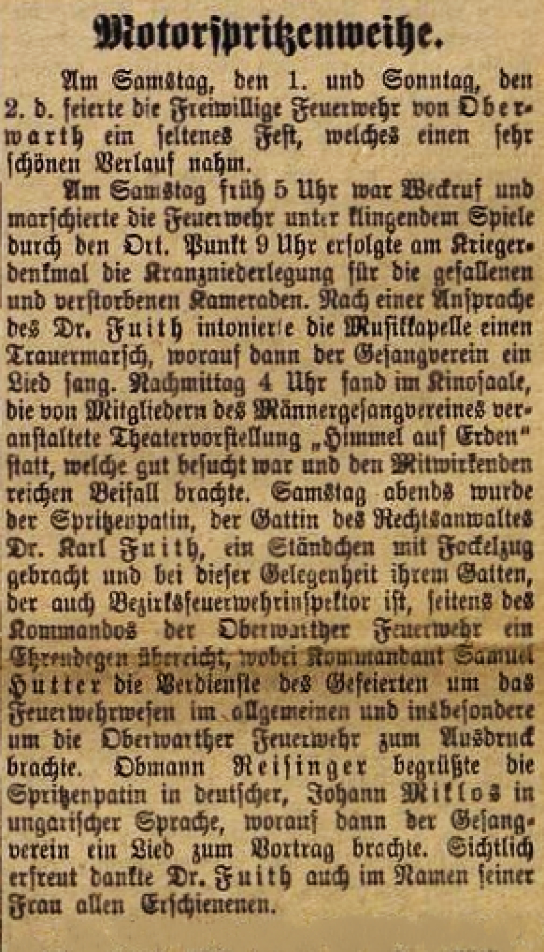 Freiwillige Feuerwehr: Artikel in der Oberwarther Sonntags = Zeitung anlässlich der Motorspritzenweihe am 1. und 2. Mai 1926