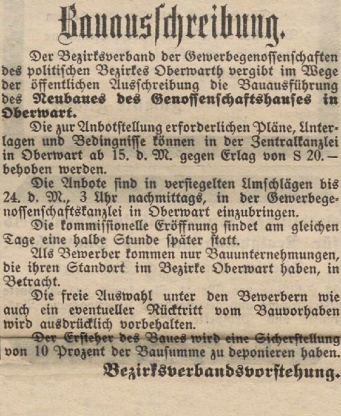 Oberwarther Sonntags-Zeitung vom 14. Juni 1931: Bauausschreibung des Neubaues des Genossenschaftshauses (späer Jugendhaus bzw. OHO) - OW 793/Lisztgasse 12