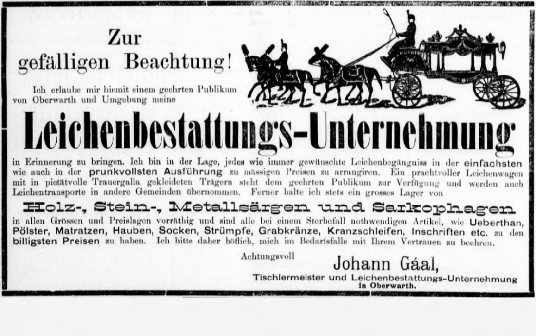 Oberwarther Sonntags-Zeitung vom 21. April 1901: Inserat Leichenbestattungs-Unternehmung Johann Gaal (OW 111 / Steinamangererstraße 24) - später Bestattung Gangoly