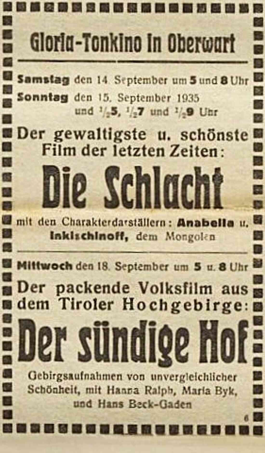 Announce in der Oberwarther Sonntags-Zeitung: Gloria-Tonkino "Die Schlacht" / "Der sündige Hof"