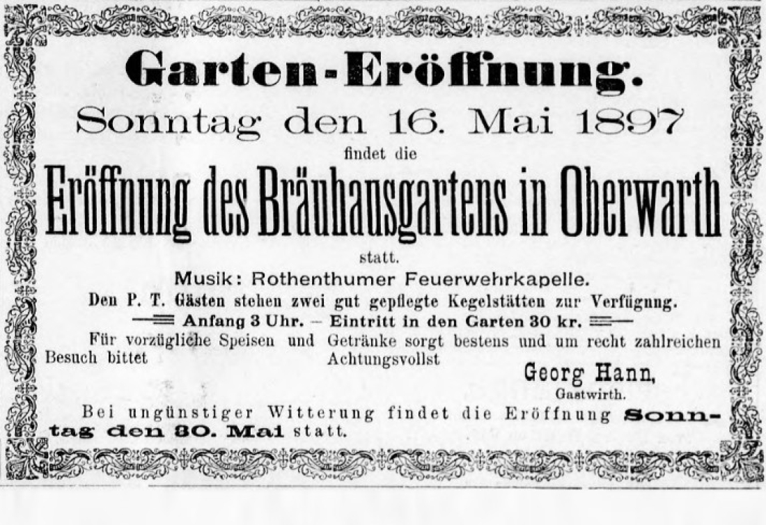 Oberwarther Sonntags-Zeitung vom 16. Mai 1897: Anzeige zur Eröffnung des Bräuhausgartens durch Gastwirth Georg Hahn