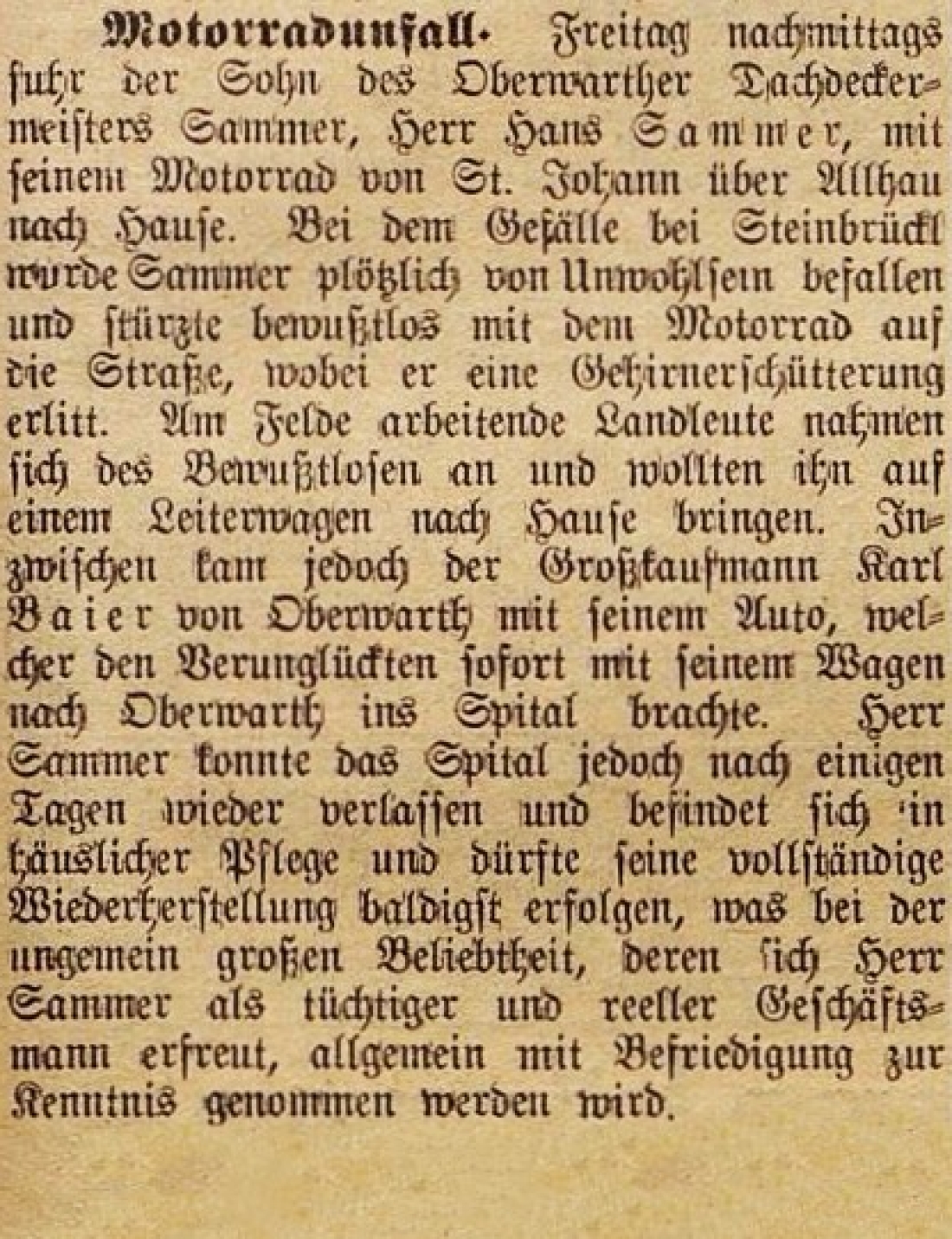 Oberwarther Sonntags-Zeitung vom 2. April 1933 zum Motorradunfall von Hans Sammer [Anm.: auch Samer]