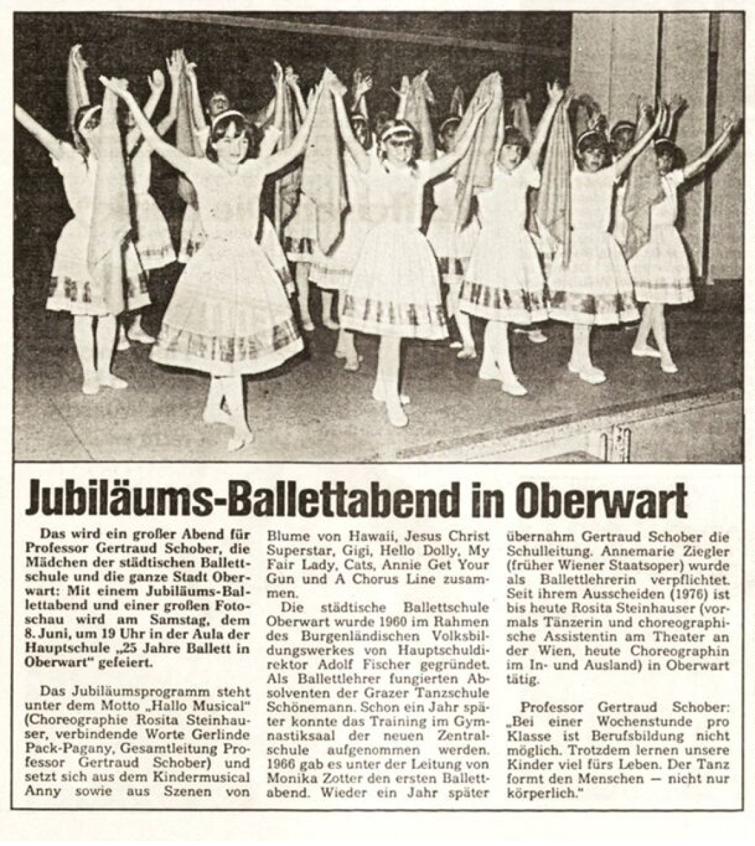 Artikel in der BF vom 5. juni 1985 "Jubiläumsballettabend in Oberwart"