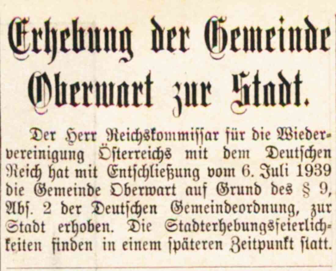 Kurzmeldung in der Oberwarther Sonntags-Zeitung vom 8. Oktober 1939 zur Stadterhebung