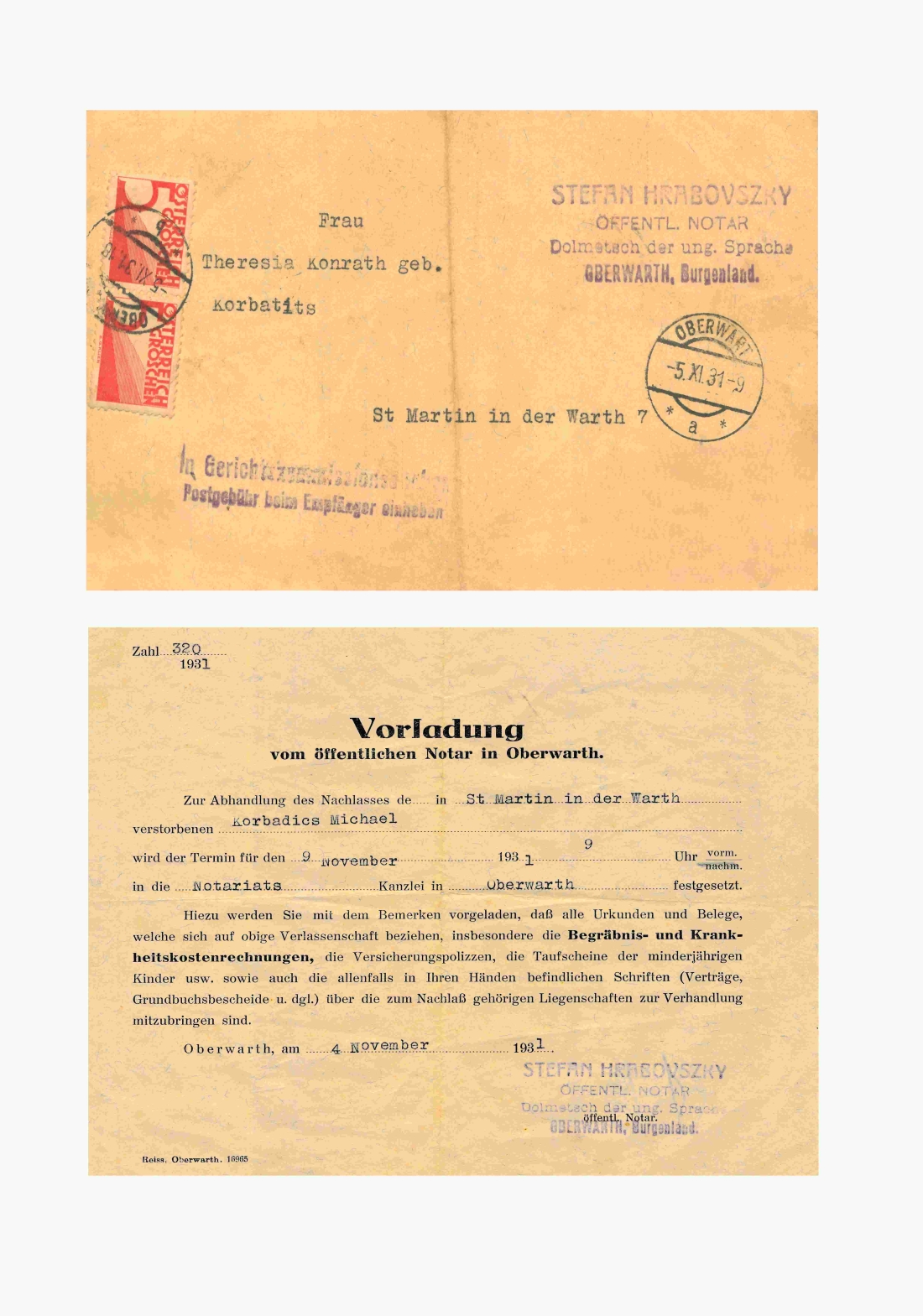 Vorladung von Notar Stefan Hrabovszky / Oberwart zur Regelung des Nachlasses nach Michael Korbadits / St. Martin