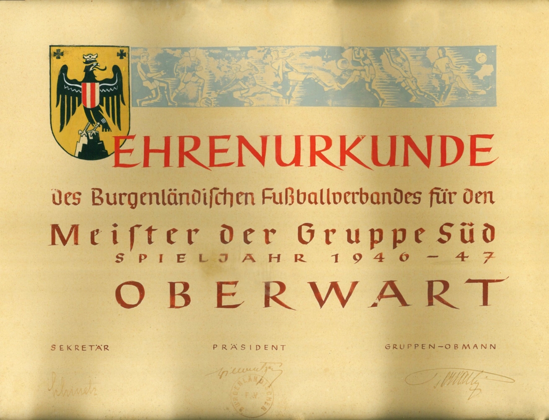 Fußball - SC Oberwart: Urkunde über den Titel der Kampfmannschaft in der Gruppe Süd 1946/1947