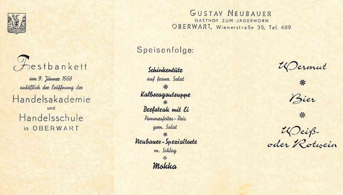 Eröffnung der HAK und HAS: Einladung zum Festbankett im Gasthof Neubauer "Zum Jägerhorn"