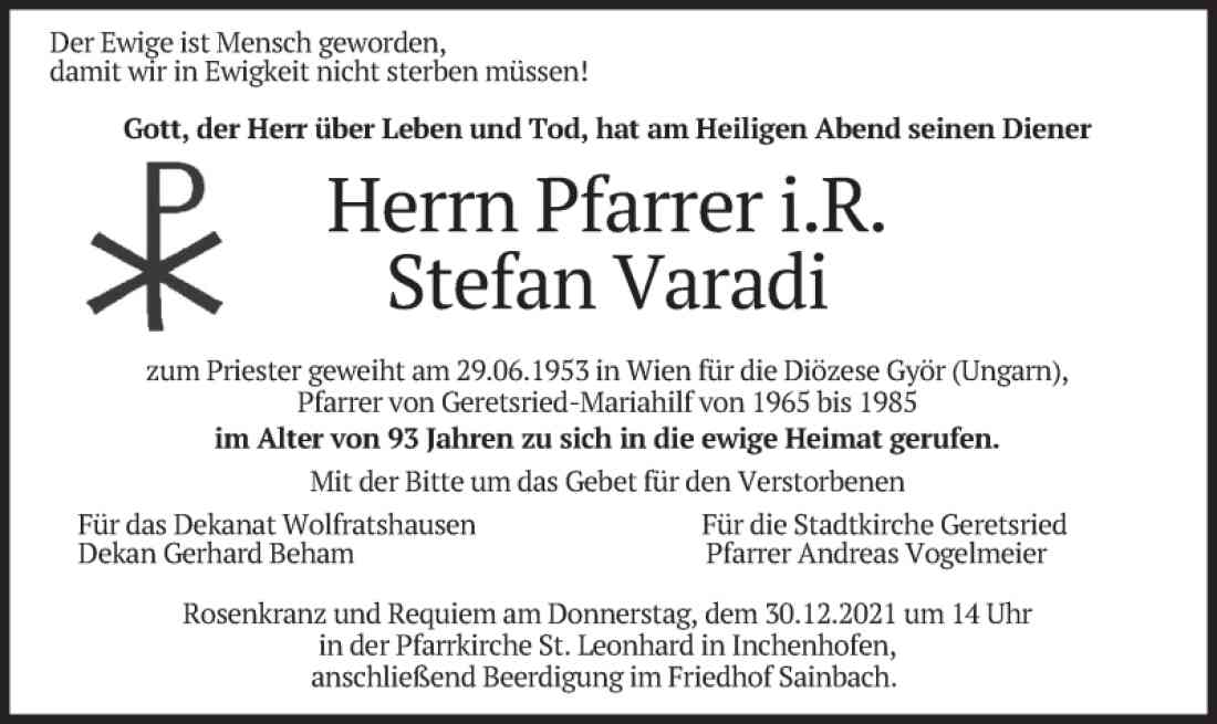 Parte Pfarrer und Ehrendomherr in Inchenhofen Stefan Varadi (*1928 / +2021) - Kaplan in Oberwart von 1953 bis 1955