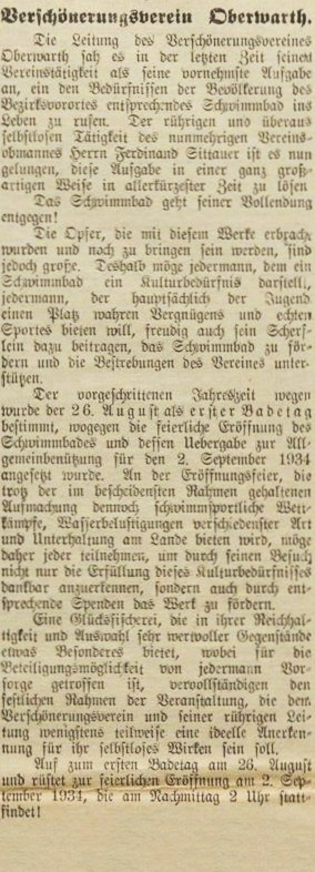 Oberwarther Sonntags-Zeitung vom 26. August 1934: Bericht des Verschönerungsvereins zur Eröffnung des Schwimmbades