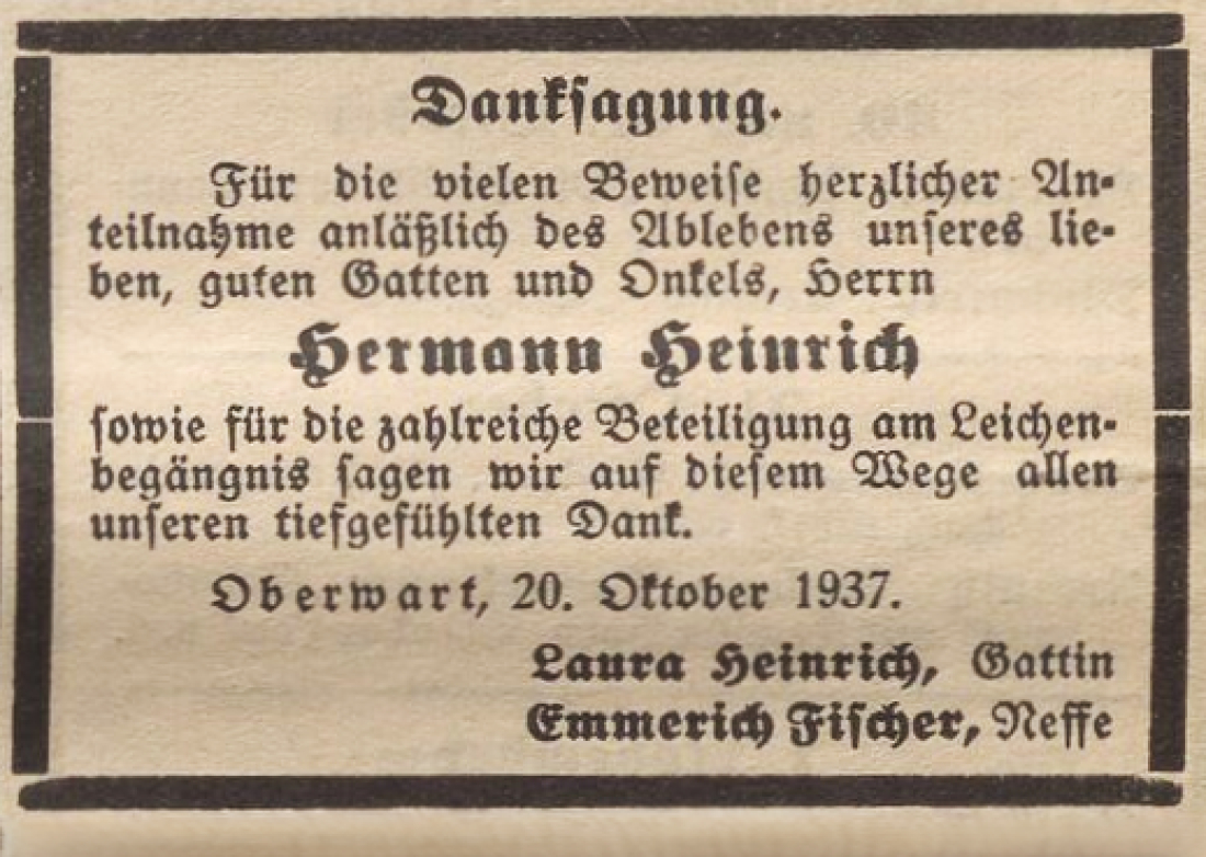 Am 31. Oktober 1937 erschien folgende Danksagung anlässlich des Todes von Meszaros (Fleischhauer) Heinrich Hermann (*1859/+1937), Mitglied der jüdischen Gemeinde