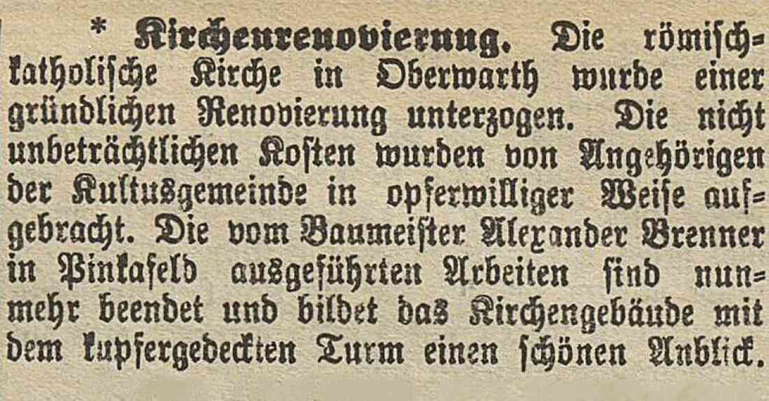 Röm. kath. Pfarre: Bericht in der Oberwarther Sonntags-Zeitung vom 15. Mai 1927 zum Abschluss der Renovierung der Pfarrkirche Maria Himmelfahrt