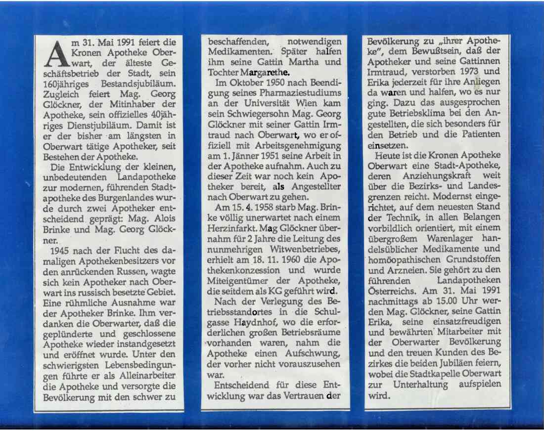 Kronen Apotheke: "160 Jahre Apotheke in Oberwart" - Geschichte