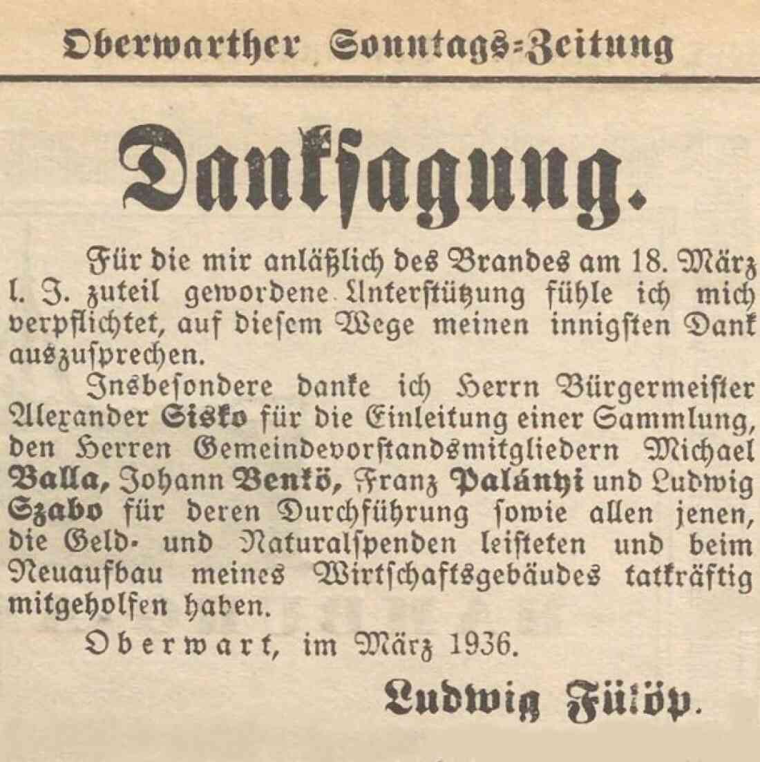 Danksagung in der Oberwarther Sonntags-Zeitung vom 5. April 1936 von Ludwig Fülöp anlässlich der Unterstützung nach dem Brand in seinem Haus – Bradergasse 604 / Johann Straußgasse 21 - Linke Bachgasse 40