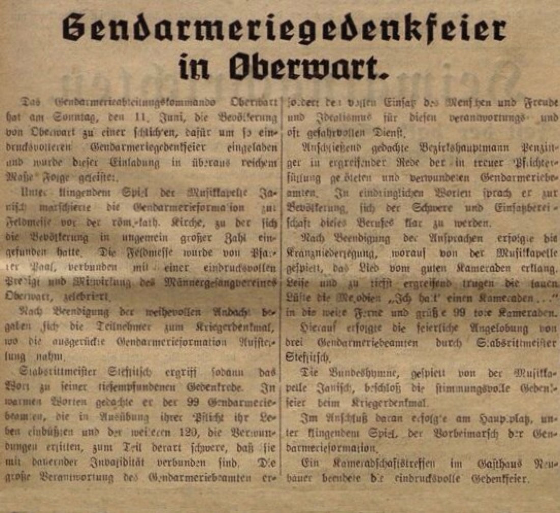Ausführlicher Artikel in der Oberwarter Zeitung vom 18. Juni 1950: "Gendarmeriegedenkfeier in Oberwart"