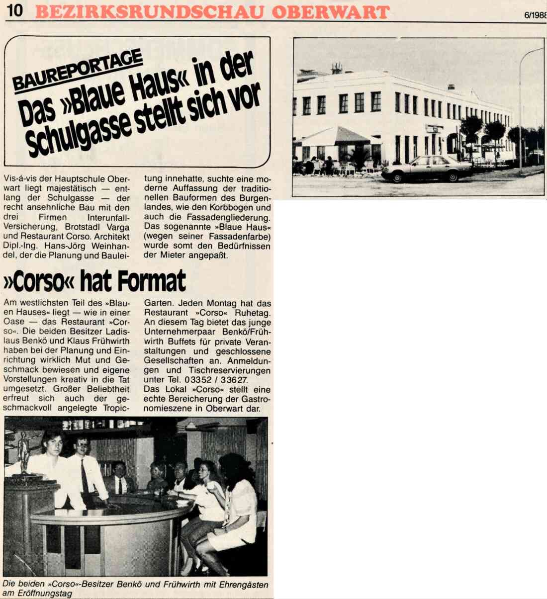 Artikel in der BRO: Restaurant "Corso" (Schulgasse 34)