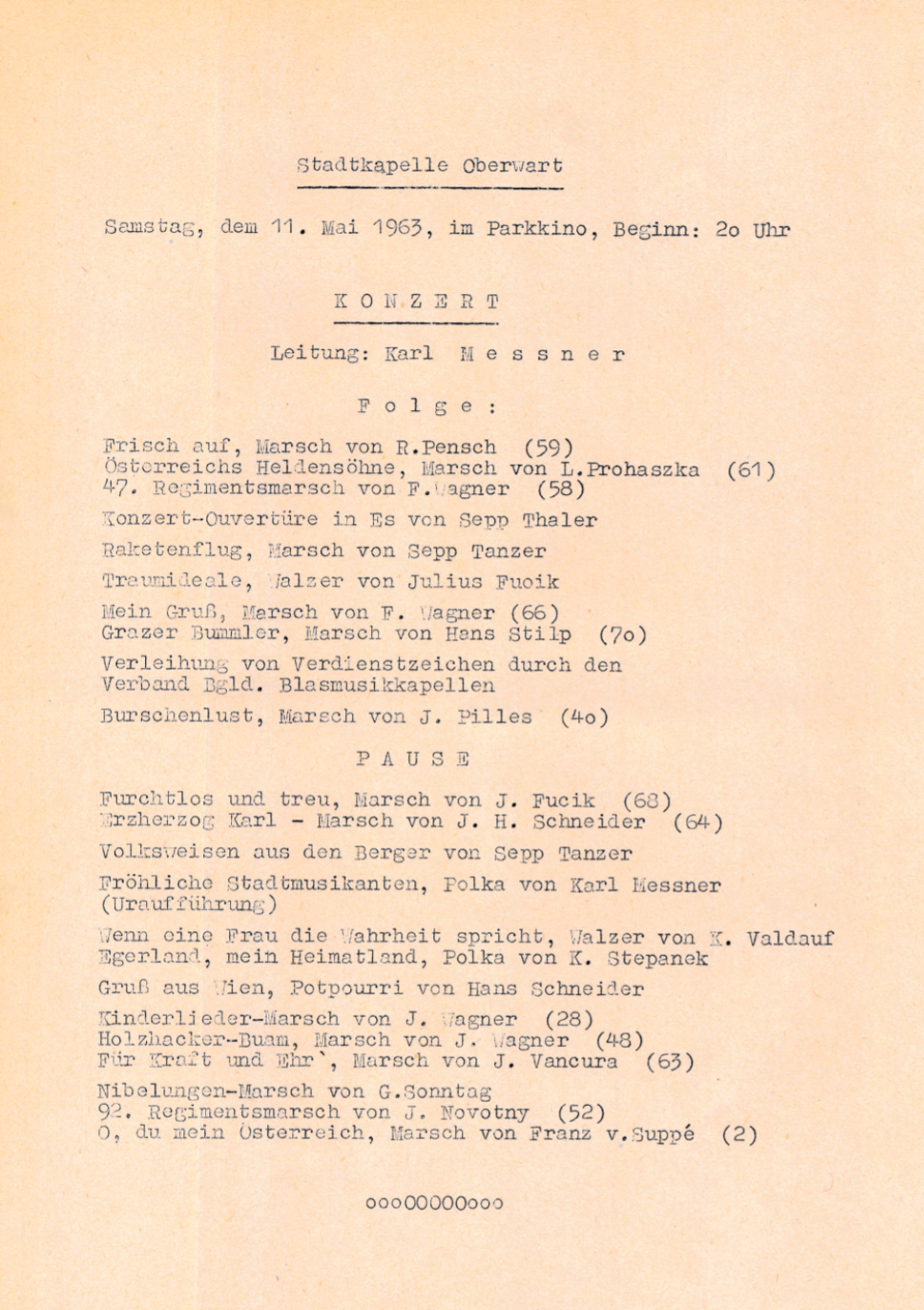 Stadtkapelle: Programm eines Konzerts im Parkkino am 11. Mai 1963