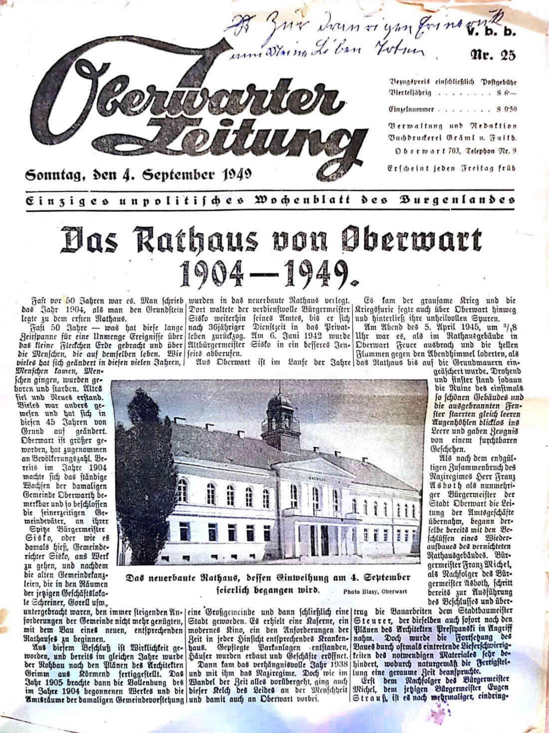 OZ 1949: "Das Rathaus von Oberwart"
