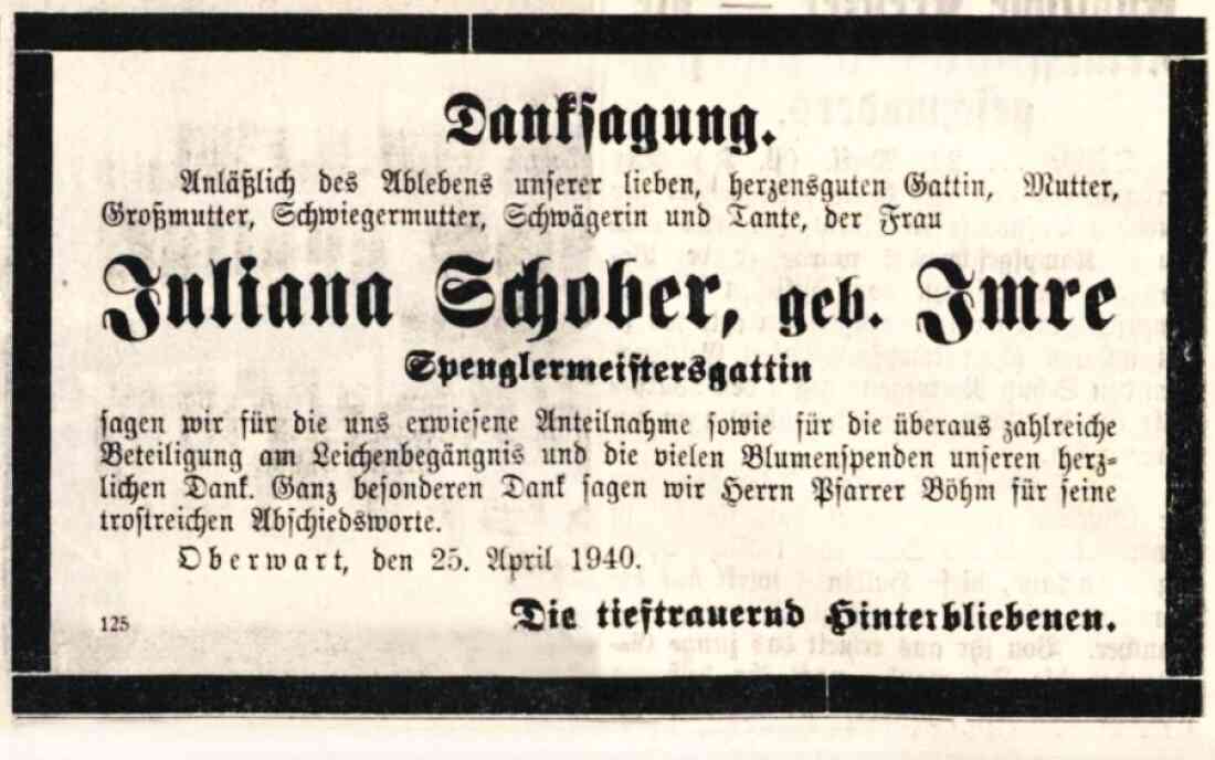 Danksagung anlässlich des Ablebens von Juliana Schober (geb. Imre, *1880/+1940) in der Oberwarther Sonntags-Zeitung vom 28. April 1940