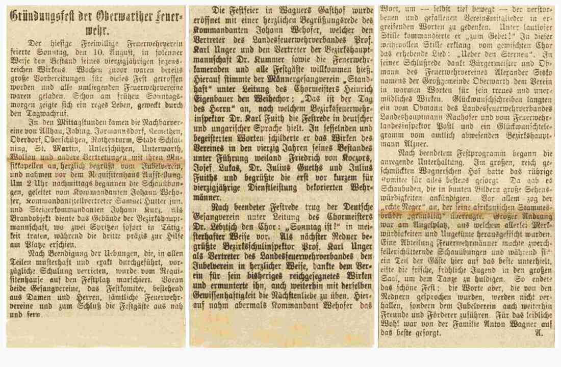 Artikel in der Oberwarther - Sonntagszeitung: Gründungsfest der Oberwarther Feuerwehr