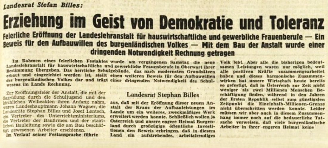 Burgenländische Freiheit - BF vom 8. Juli 1956: Feierliche Eröffnung der Landeslehranstalt für hauswirtschaftliche und gewerbliche Frauenberufe [Anm.: HBLA-Frauenberufsschule]