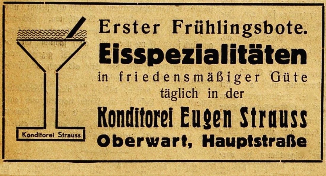 Konditorei Eugen Strauss: Einschaltung in der Oberwarter Zeitung - OZ vom 22. Mai 1949