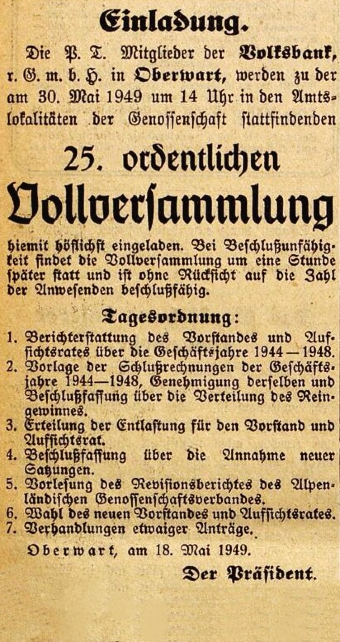 Oberwarter Zeitung vom 22. Mai 1949: 25. Ordentlichen Vollversammlung der Volksbank