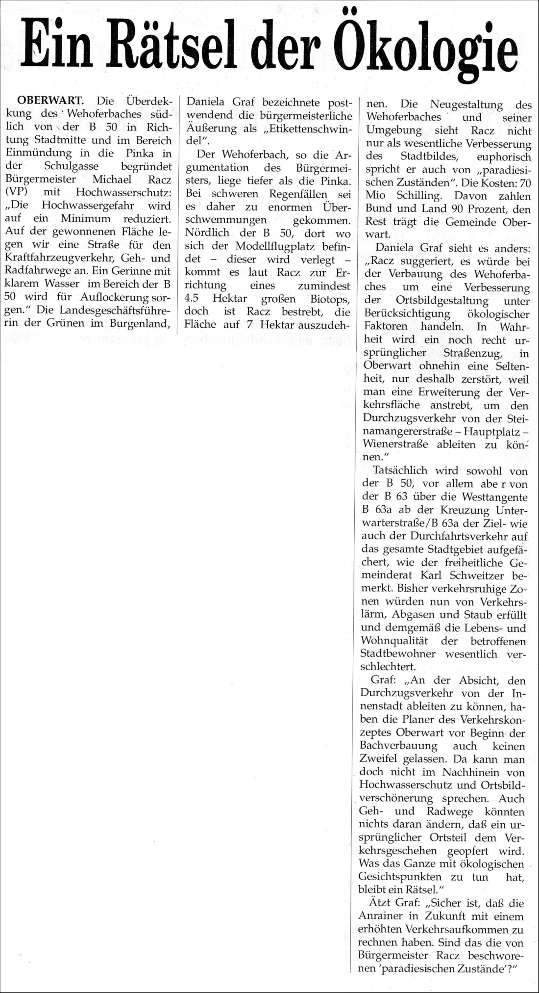 Oberflächengestaltung Wehoferbachregulierung: kritischer Artikel in der OZ 35/1992