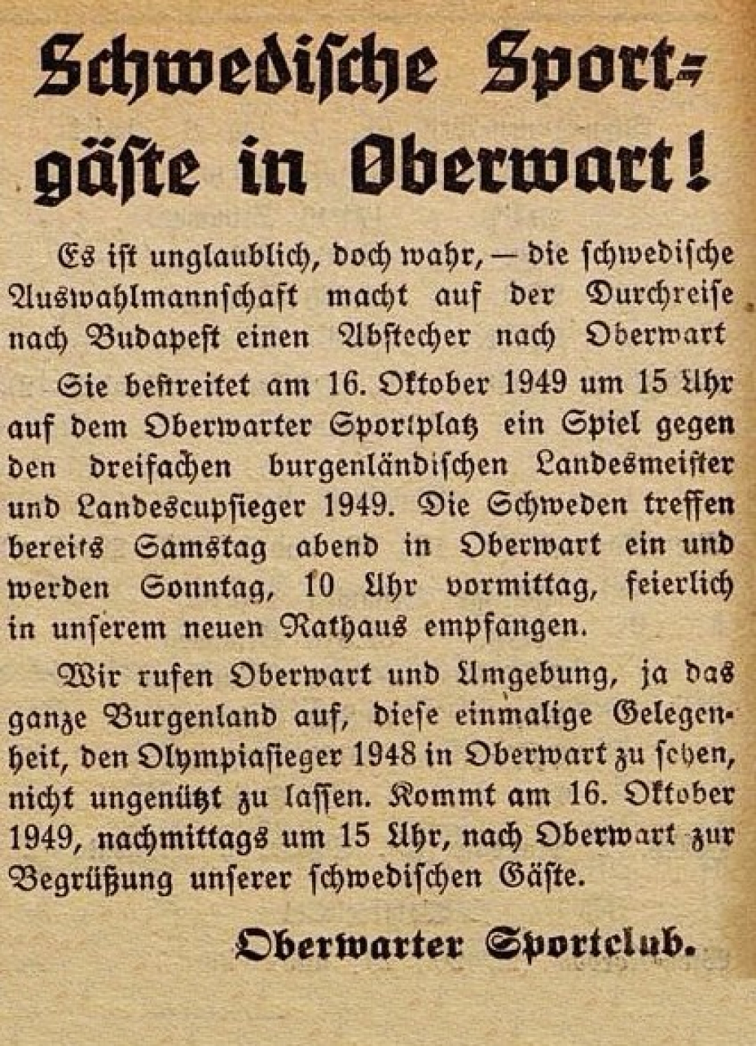 Oberwarter Zeitung vom 16. Oktober 1949: Schwedische Sportgäste in Oberwart - Olympiagewinner 1948 im Fußball