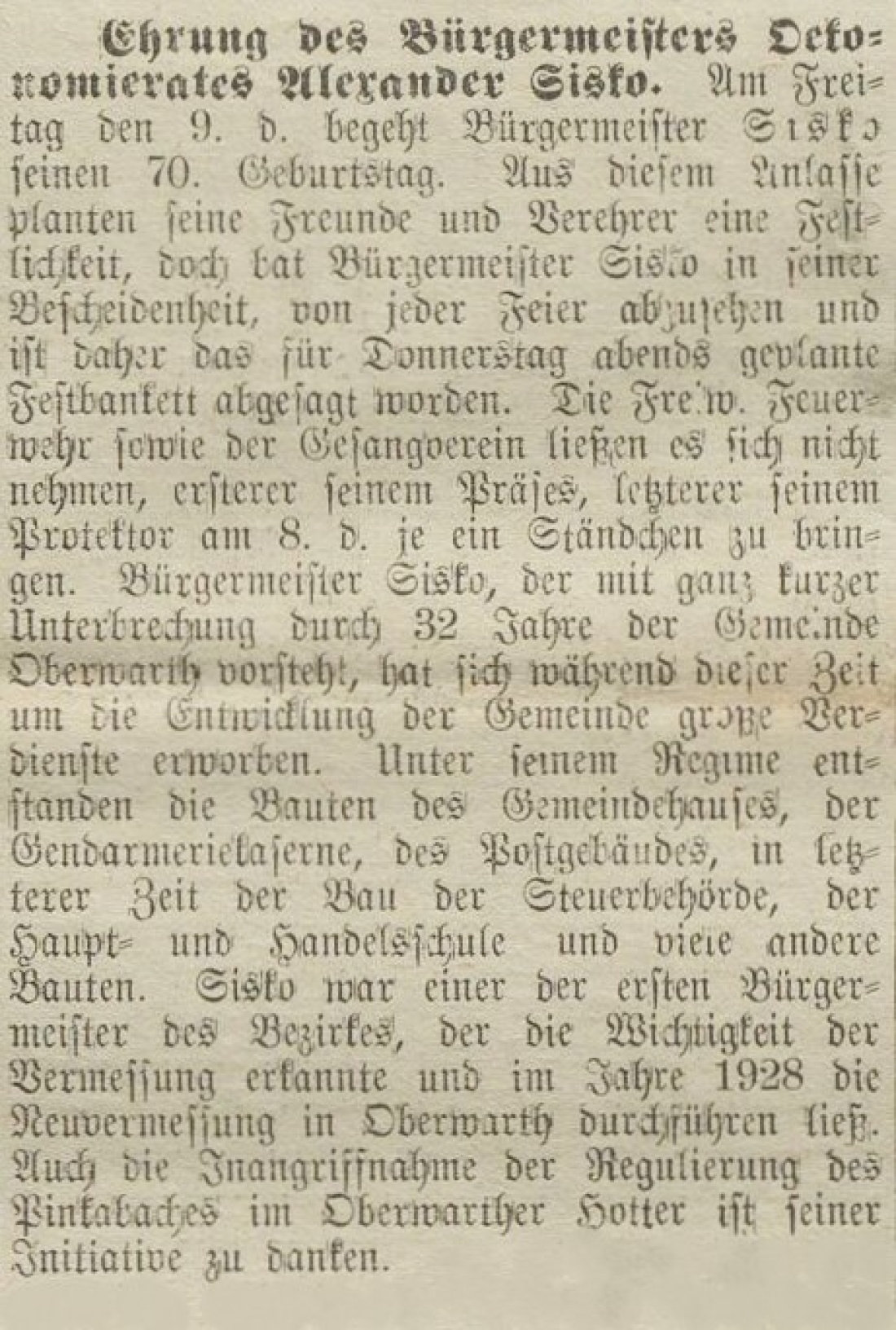 Oberwarther Sonntags = Zeitung vom 11. Feber 1934: Ehrung des Bürgermeisters Oekonomierates Alexander Sisko