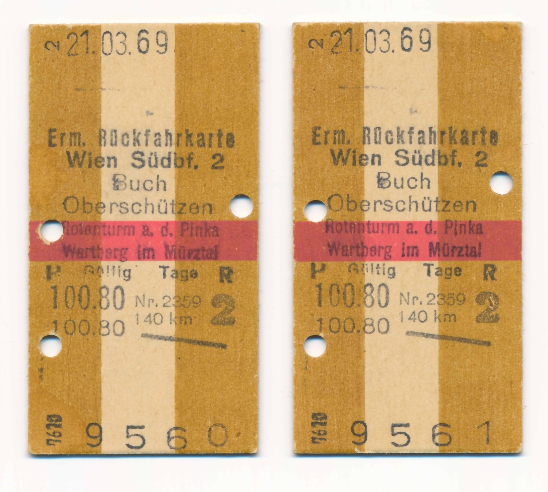 Zugfahrkarten aus Karton: Erm. Rückfahrkarte Wien Südbahnhof - Oberschützen