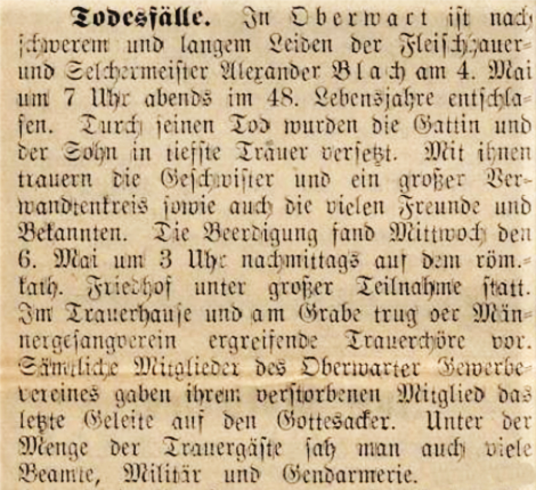 Artikel in der Oberwarther Sonntags = Zeitung vom 10. Mai 1936 zum Tod von Fleischhauermeister Alexander Blach sen. (*1888/+1936)