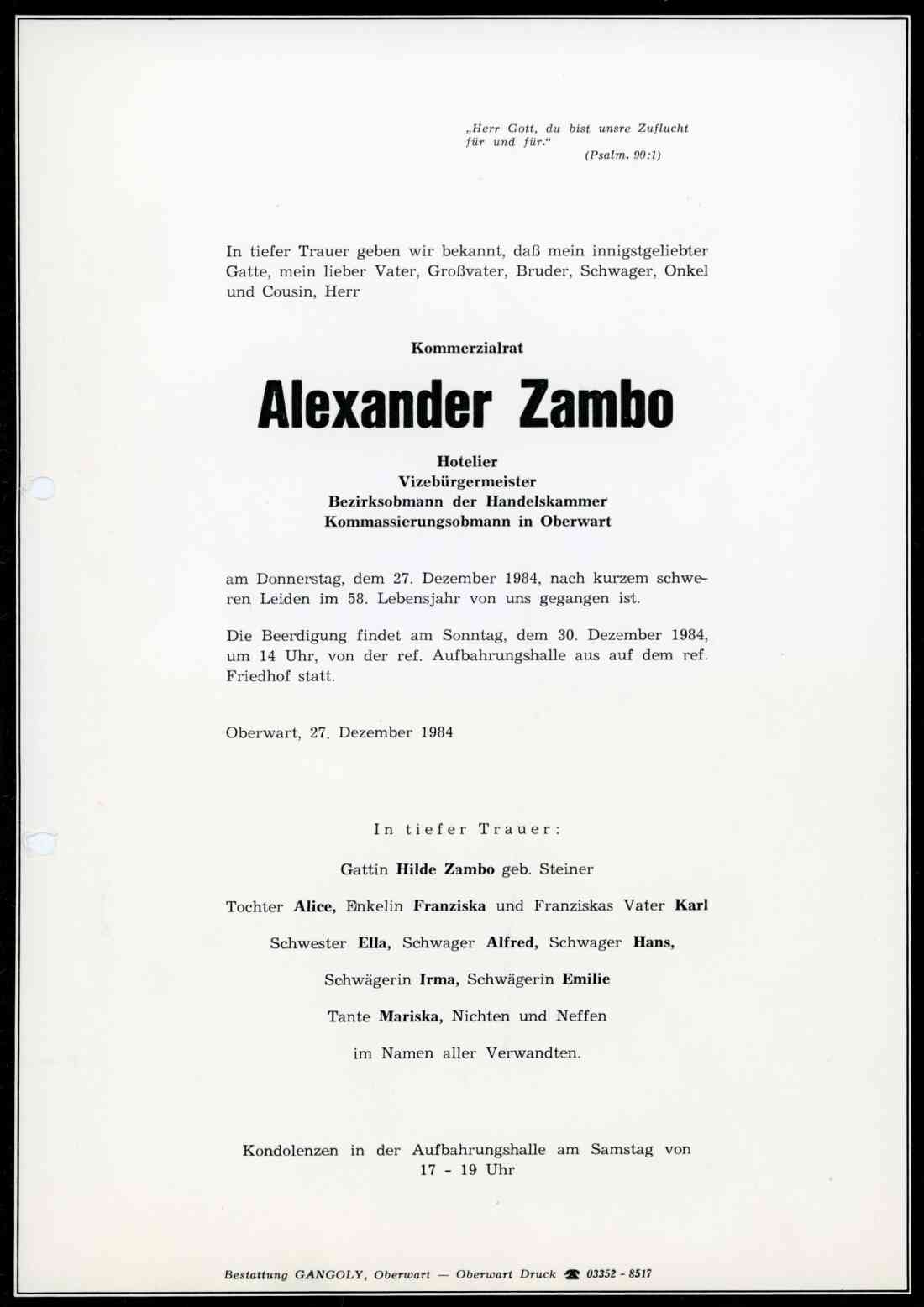 Parte zum Ableben von Komm.Rat Alexander Zambo *1927 / +1984