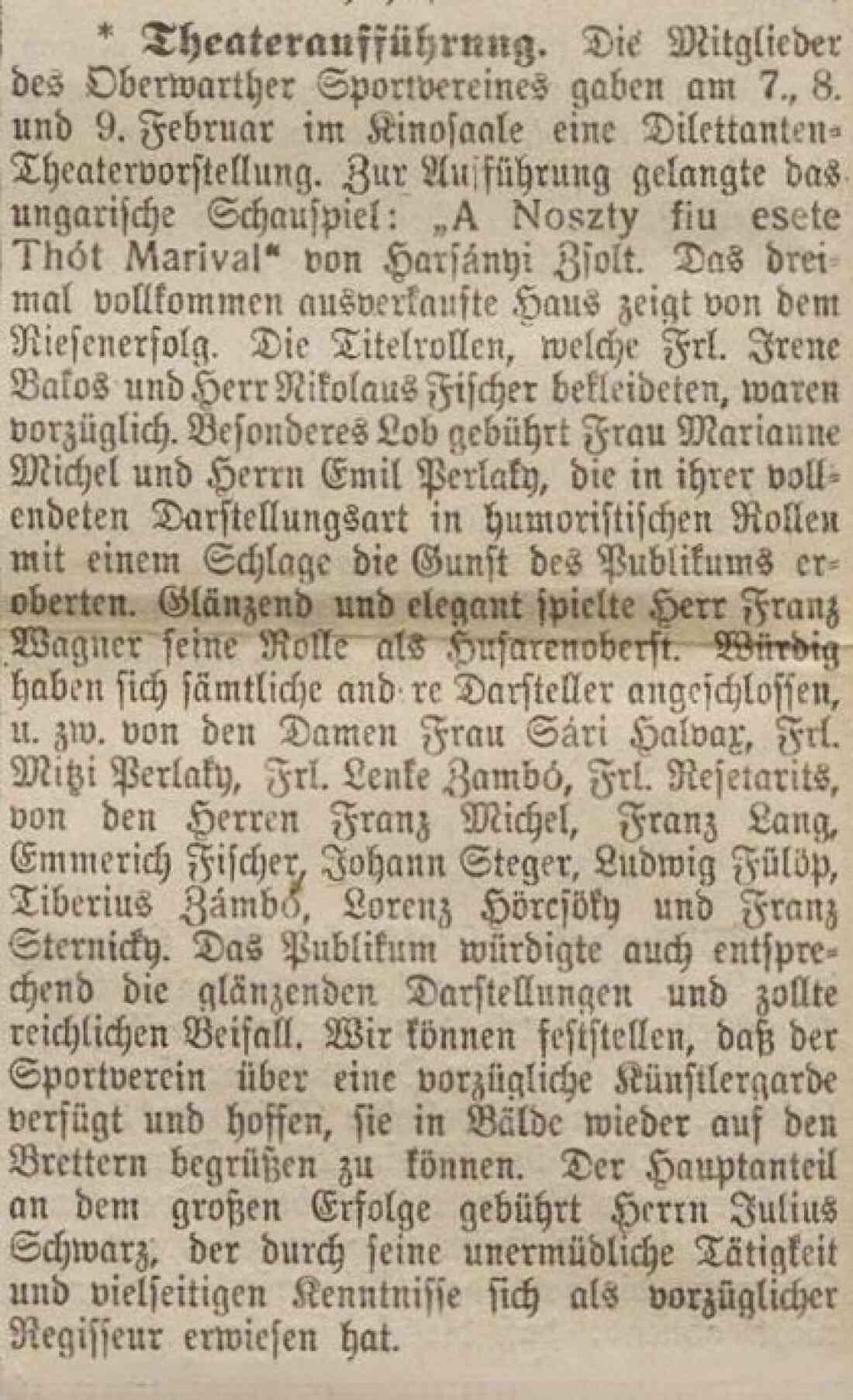 Artikel in der Oberwarther Sonntags = Zeitung vom 17. Feber 1929: Theateraufführung von Mitgliedern des Oberwarther Sportvereins im Parkkino:  "Noszty fiu esete Toth Marival“