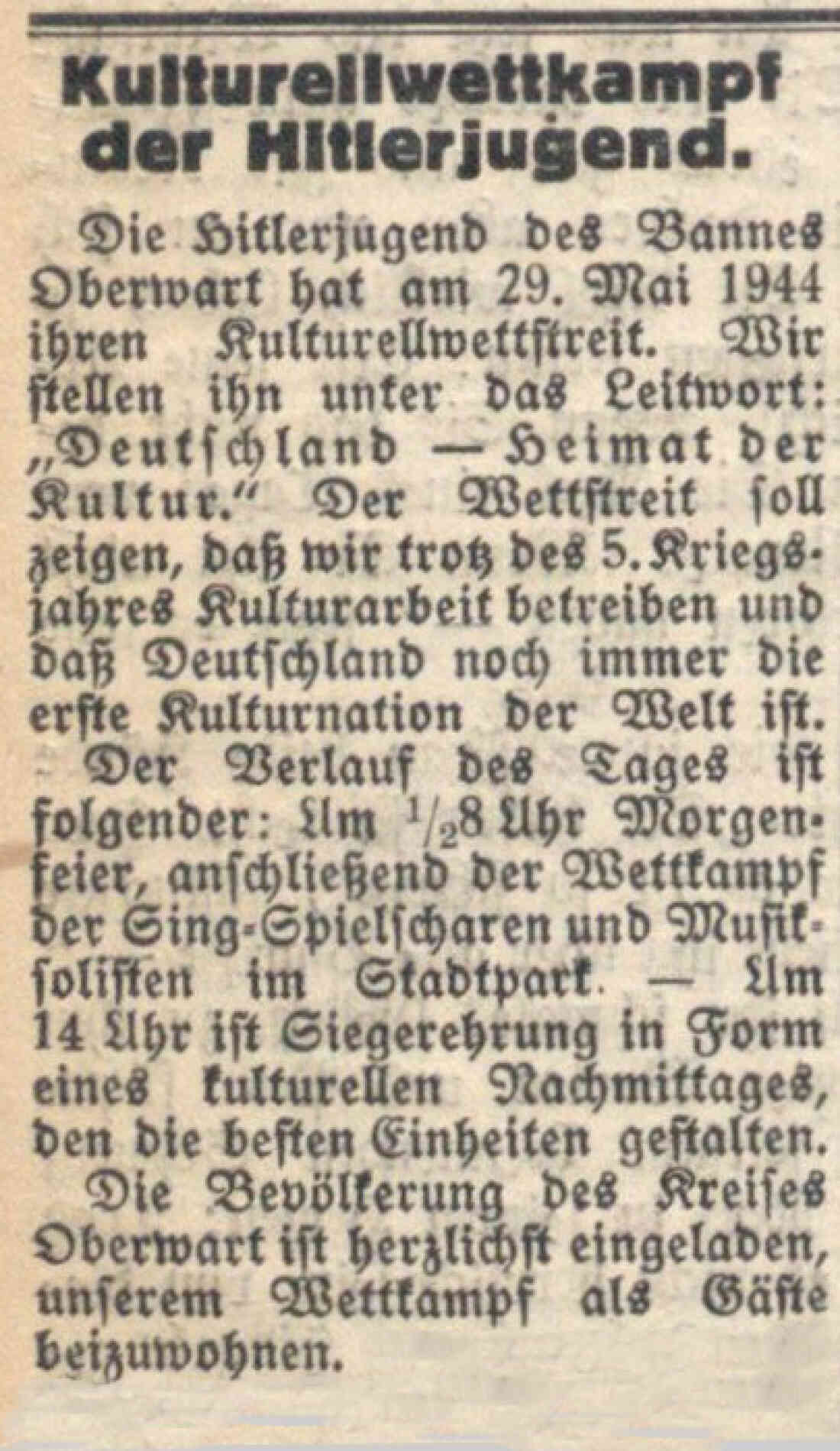 Oberwarther = Sonntagszeitung vom 19. April 1944: Einladung des NAZIS zum Kulturellwettkampf der Hitlerjugend