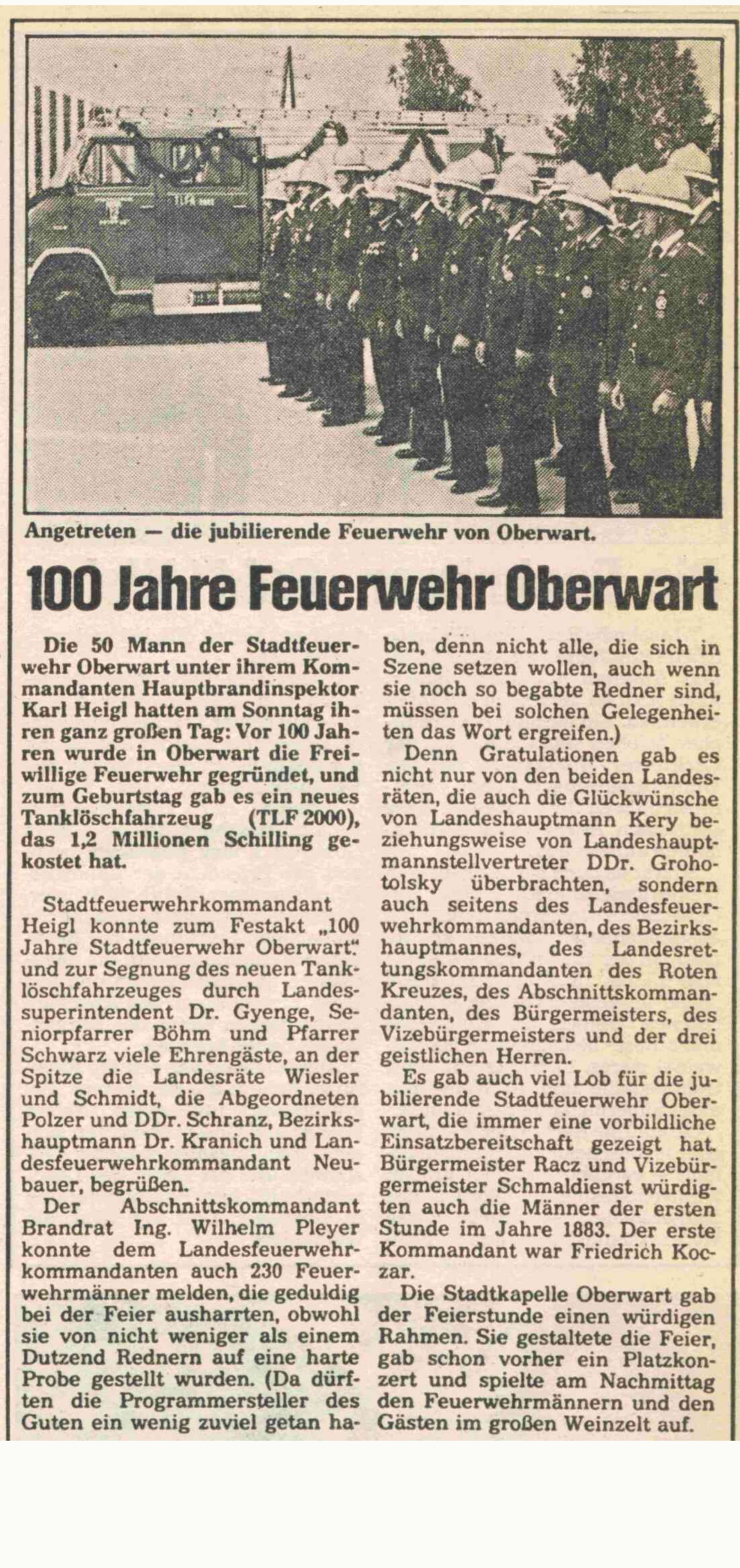 Artikel inder BF vom 18. August 1983: 100 Jahre Feuerwehr Oberwart