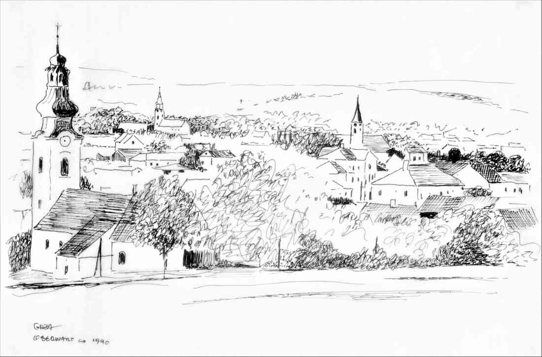 Blick auf die Synagoge und die drei Kirchen: Federzeichnung von Geza Brunner-Szabo