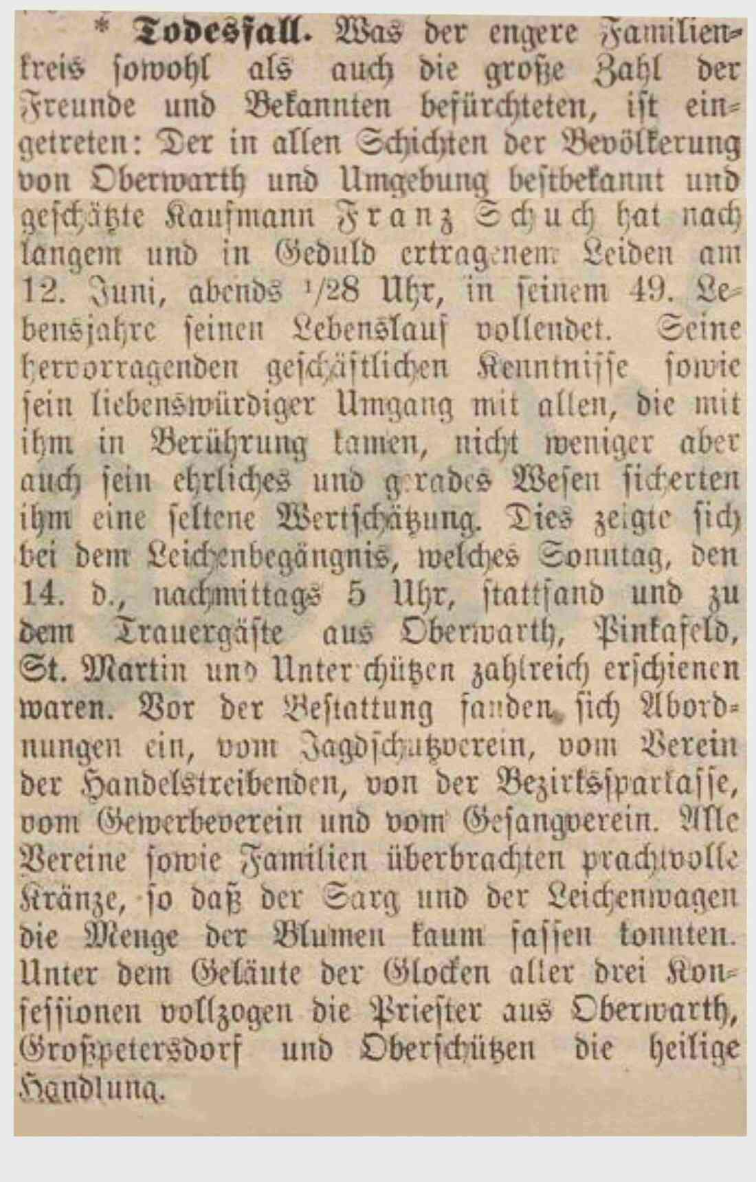 Nachruf in der Oberwarther Sonntags-Zeitung vom 21. Juni 1931 anlässlich des Ablebens von Kaufmann Franz Schuch