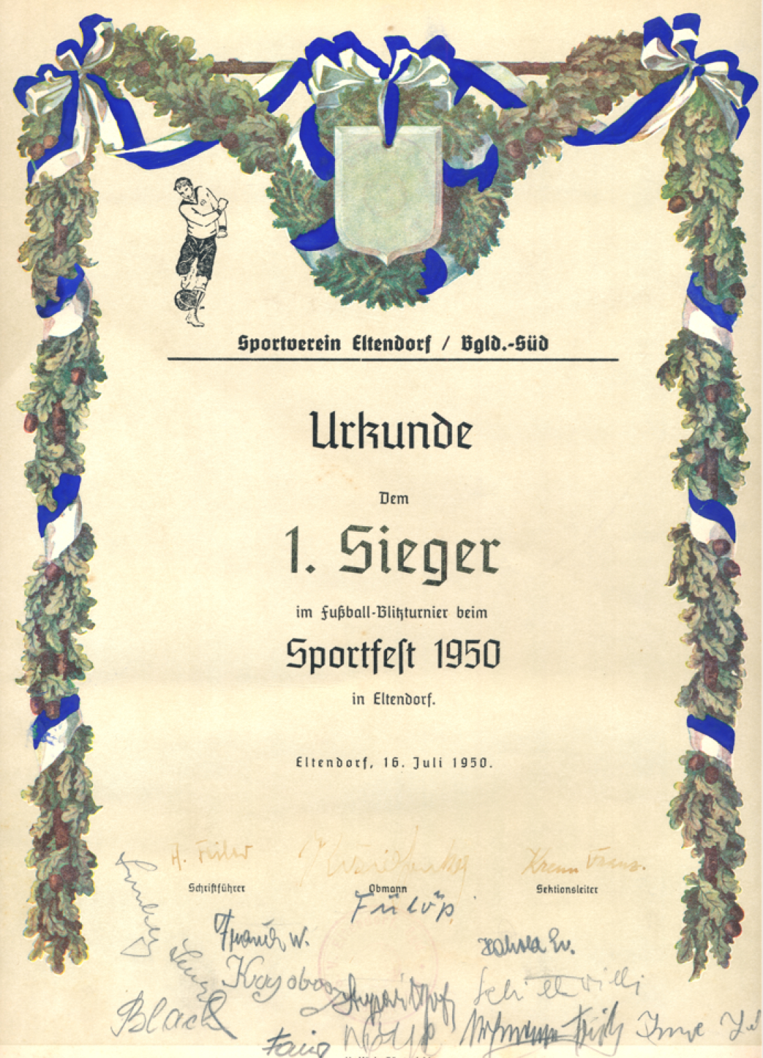 Fußball: Urkunde des SC - Oberwart als Sieger beim einem Blitzturnier in Eltendorf 1950