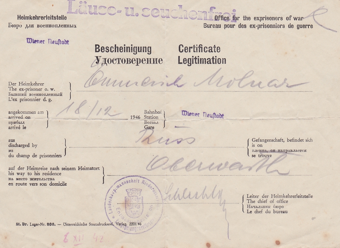 Bescheinigung für Kriegsheimkehrer Emmerich Molnar