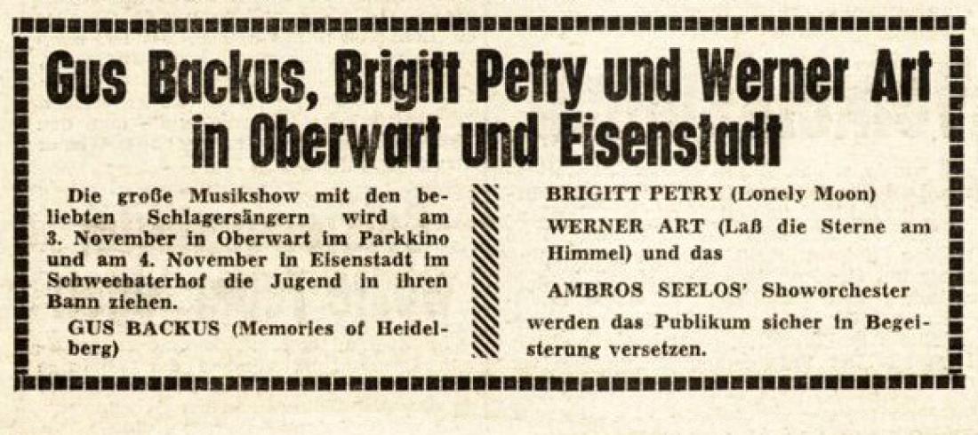 Ankündigung in de BF vom 3. November 1967: Gus Backus, Brigitt Petry und Werner Art in Oberwart - Parkkino