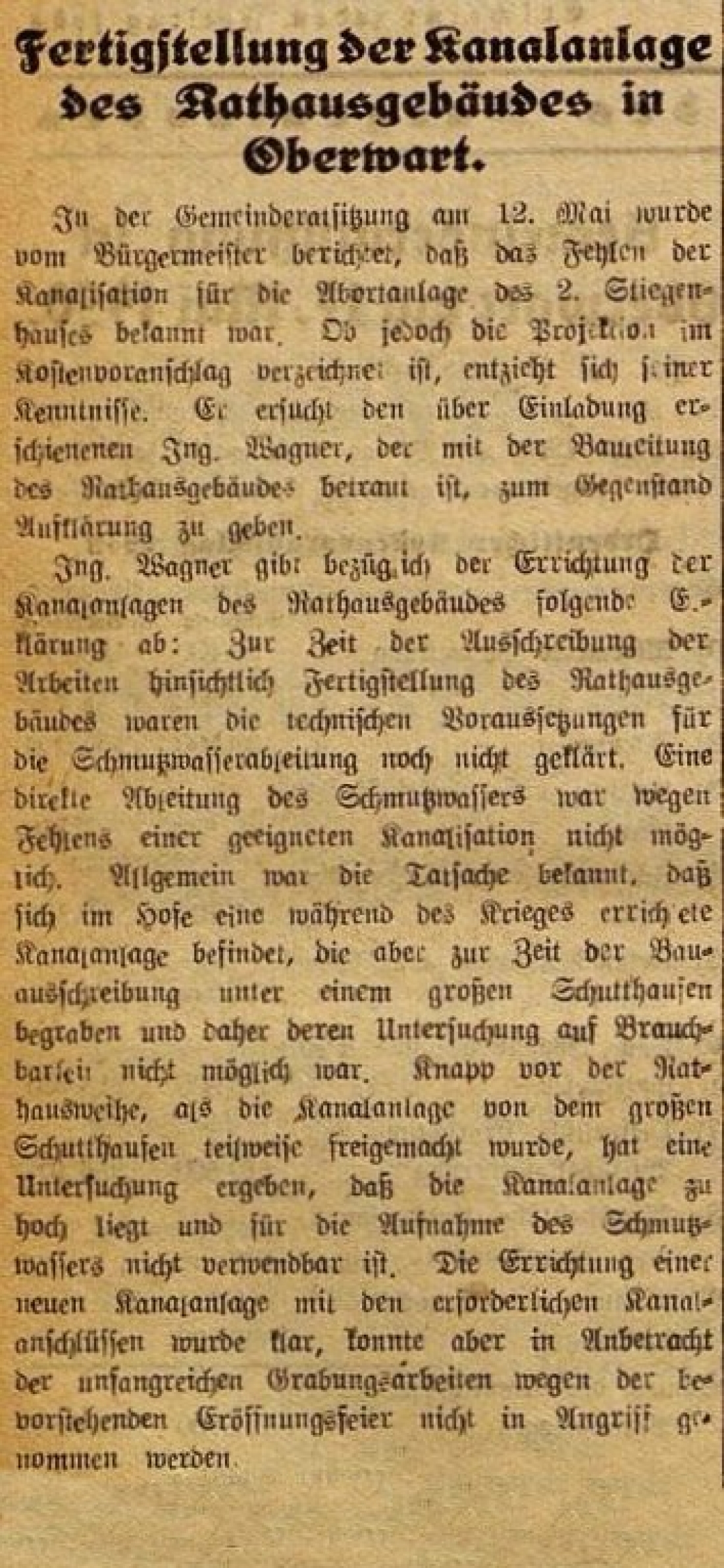 Oberwarter Zeitung vom 21. Mai 1950: Fertigstellung der Kanalanlage des Rathausgebäudes