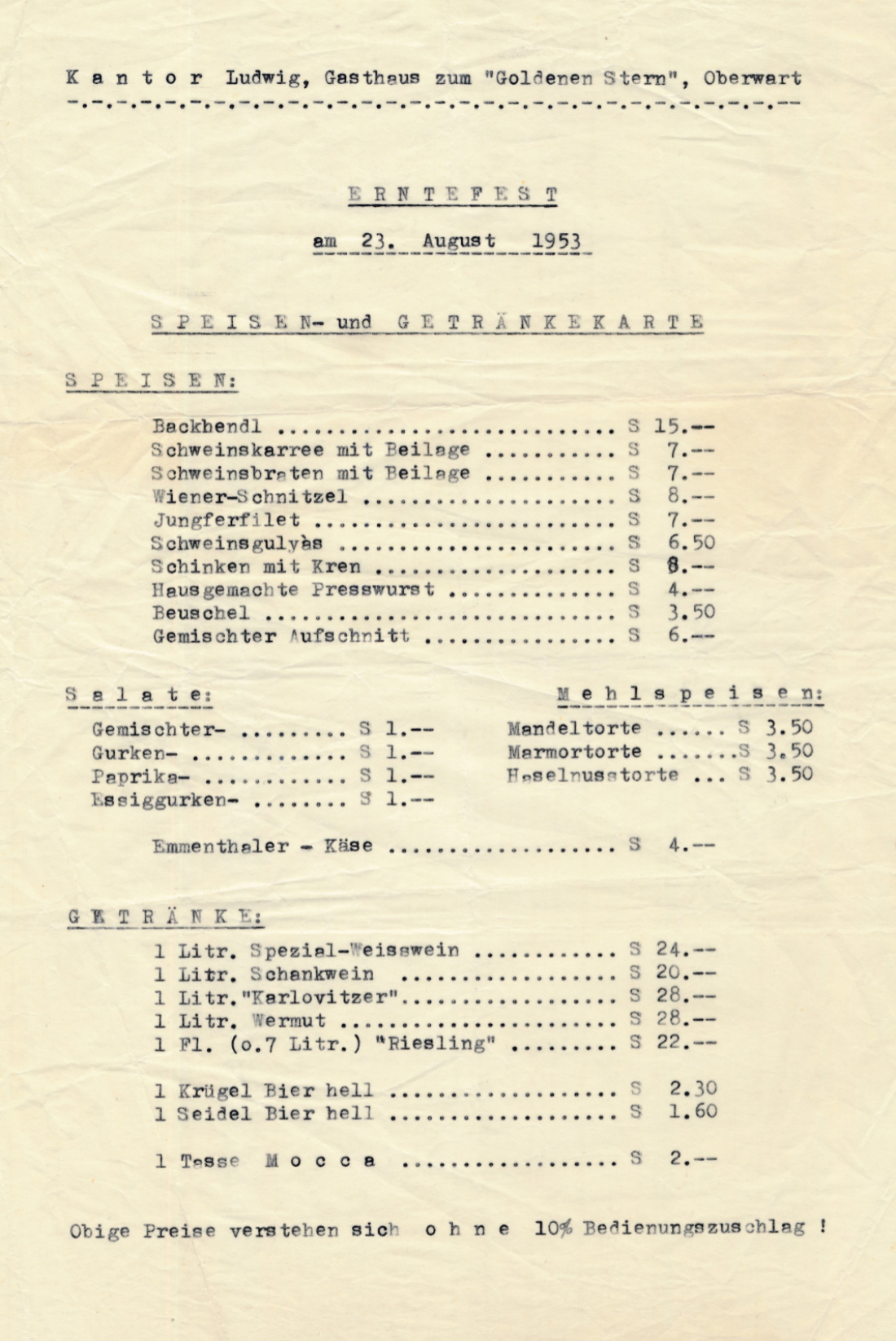 Ludwig Kantor - Gasthaus zum "Goldenen Stern" - Speisen- und Getränkekarte - Erntefest [Erntedankfest] 23. August 1953