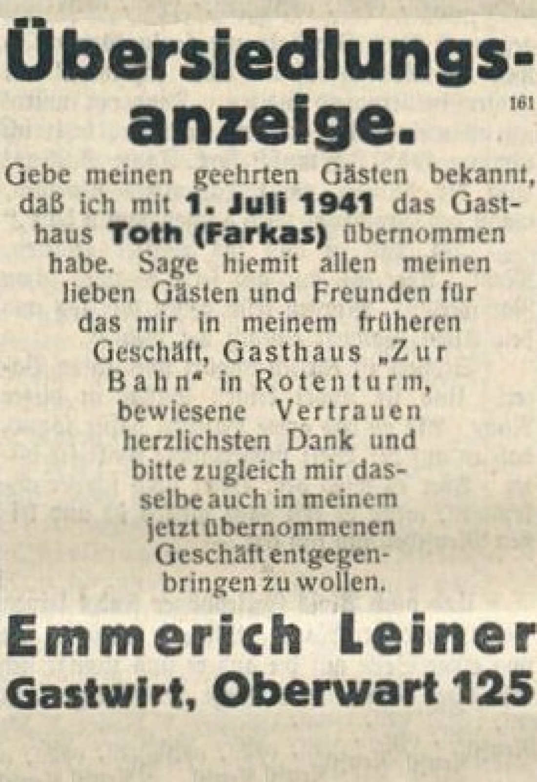 Anzeige in der Oberwarther = Sonntagszeitung vom 29. Juni 1941 zur Übersiedelung von Gastwirt "Imre"Emmerich Leiner