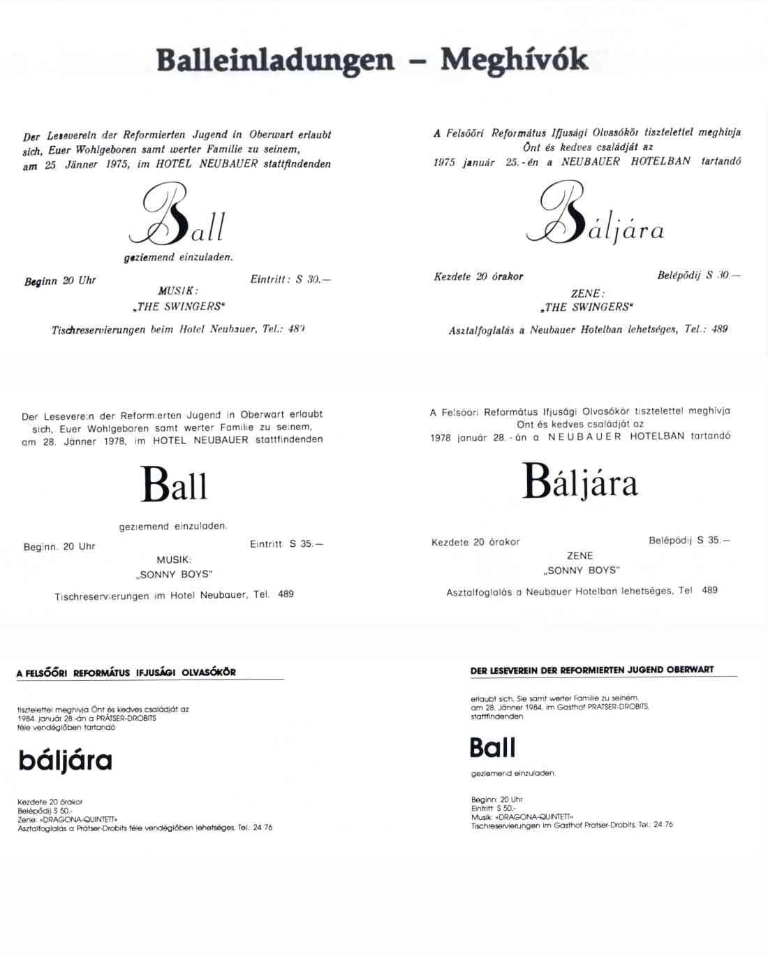 Leseverein der Reformierten Jugend: Balleinladungen 1975, 1978 und 1984